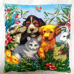 Vintage Tapestry Throw Pillow 14x14” Cottagecore Granny Animal Lover Boho-Chic